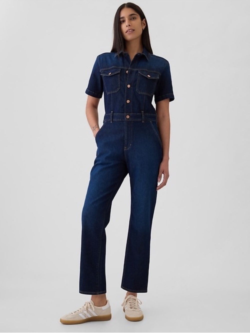 Gap Denim Utility Jumpsuit Dark Wash Short Sleeve Button Front Straight Leg One